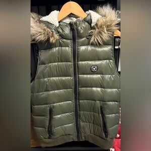 American Eagle Outfitters Olive Puffer Vest with Faux Fur Trim